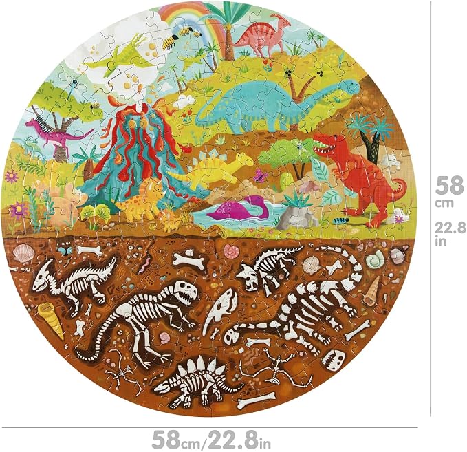 boppi Dinosaurs Round Jigsaw Puzzle with 100% Recycled Card T-rex Stegosaurus and Triceratops Fossils 150 Pieces for Children 5 6 7 8 Years 58cm Diameter