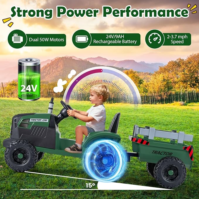 Costzon 24V Ride on Tractor with Detachable Trailer, Kids' Electric Vehicles with 3 Speeds, 15° Climbing, Wireless Design, Horn & Music, Remote Control Tractor Toy for Kids 3+,Gift (24V, Deep Green)