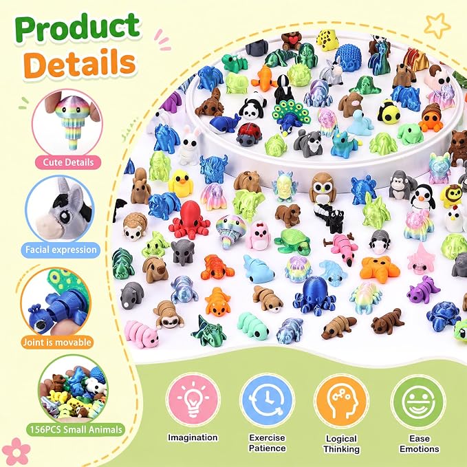 156 pcs Mini 3D Printed Animal Figurines, Animal Figurines Set, Articulated, Party Favors, Pocket Fidget Toys Bulk, Goodie Bag Stuffers, Exchange Gifts for Boys Girls , Desk Pets, Classroom Rewards