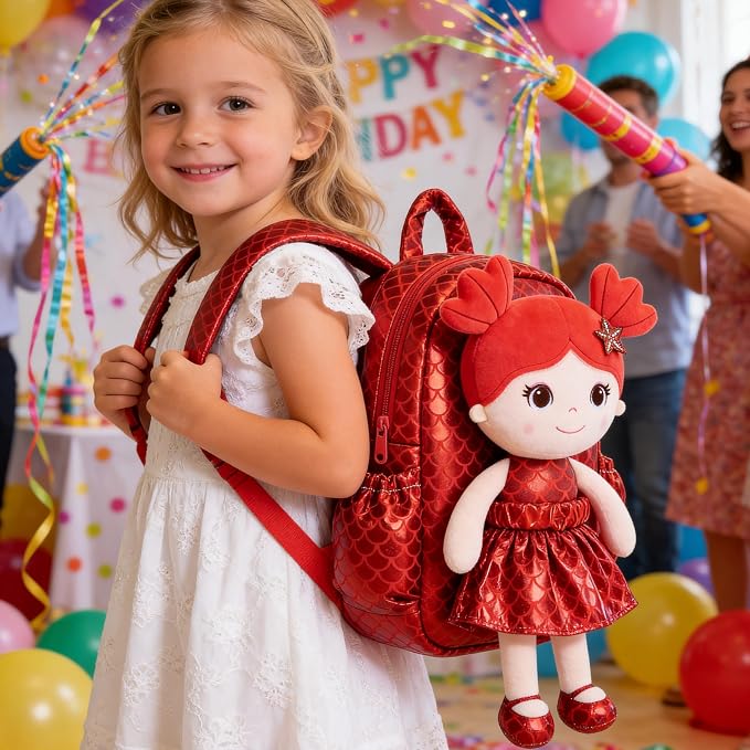 Lazada Toddler Backpack - Baby Girl Gifts Plush Doll Dress Backpack - Fashion Girls Tina Fish Scale Series - Red 11 Inches
