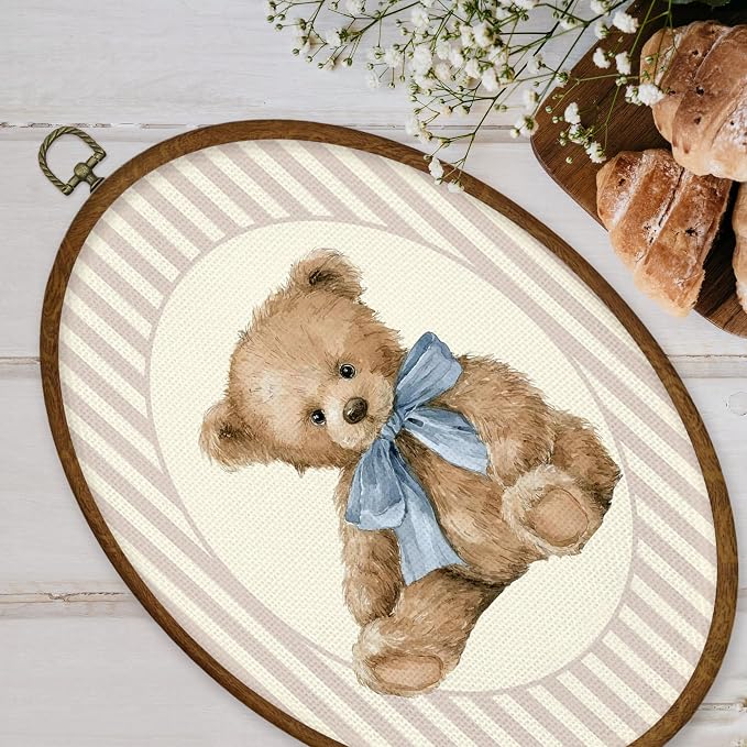 WULQYING Vintage Bear Nursery Wall Art Decor, Girl Nursery Oval Framed Canvas Art Prints, Neutral Blue Bow Cute Bear Wall Hanging Decor for Kids Toddler Baby Girls Room Bedroom, 8.6x11.4 Inches