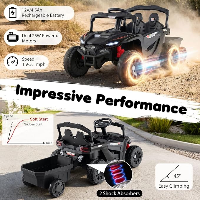 Costzon Kids Ride On UTV Car with Detachable Trailer, 12V Battery Powered Electric Vehicle with Remote Control, 3 Speeds, LED Lights, Music, Horn, Off-Road UTV for Boys & Girls (with Trailer,Black)