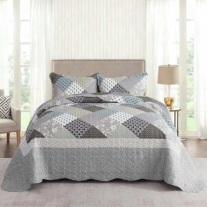 NEWLAKE Quilt Set Queen Size, Bedspread Sets Light Grey Square, Reversible Quilt Bedding Set Lightweight and Breathable for All Seasons, Soft Quilted Bedspread with 2 Pillow Shams