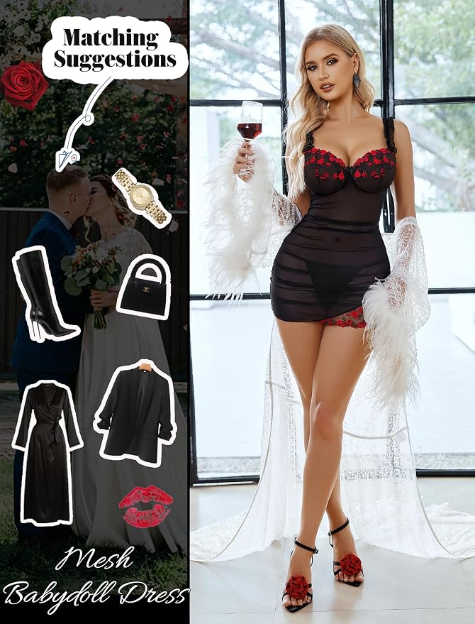 Avidlove Lingerie for Women Mesh Babydoll Lingeries Lace Chemise Floral Sleepwear Dress Sheer Exotic Boudoir Outfit S-XXL