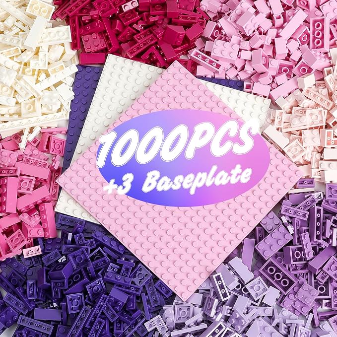 HUIZDQ 1000 Pieces Classic Building Bricks, Classic Stackable Base Plates, 3 6.3" x 6.3" White, Pink and Purple Base Plates, Compatible with All Major Brands, Toys for Ages 6-7-8-13 Girls