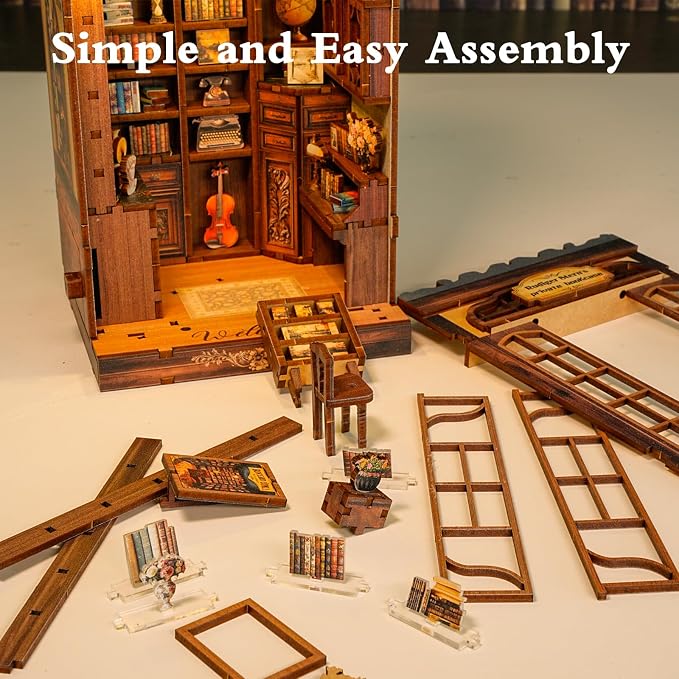 DIY Miniature House Kit, Library Book Nook Kit, 3D Wooden Puzzles Bookshelf Craft Kits, Dollhouse Kit with LED Light, Mini Building Kit for Adults Teen to Build (Retro Bookstore)