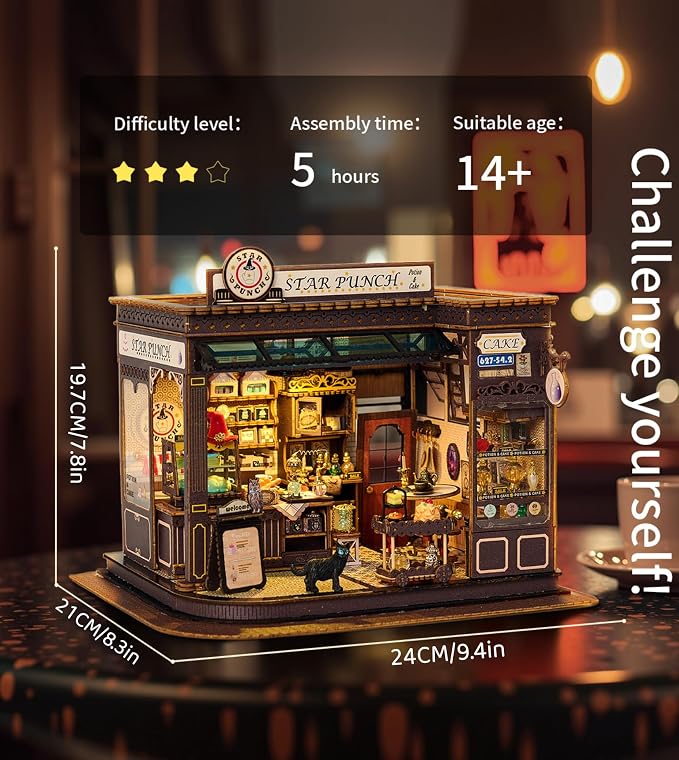 Spilay DlY Dollhouse Kit，Book Nook kit,Miniature House kit with Music Box,iniature House Kit,Magic Coffee'Shop，for Adults and Teens for Family and Friends.