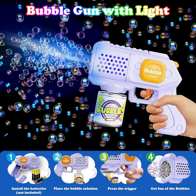 Panamalar 2 Packs Bubble Guns for Kids, Automatic Bubble Machine Gun 10000+ Bubbles/Min, 10 Holes Bubble Maker Toys with Solution/Light for Boys Girls Outdoor Wedding Party, Purple+Green