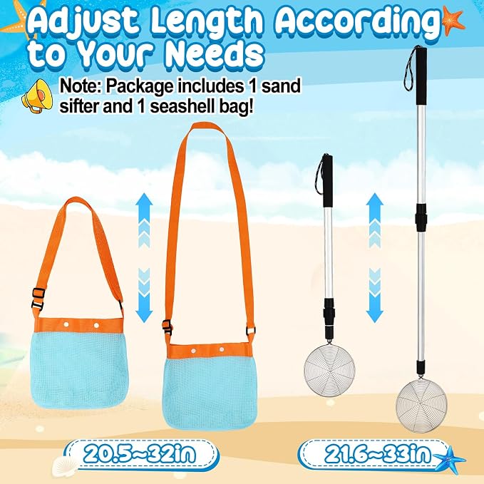 1 Pack Sand Sifter with Seashell Bag- 21.6"~33" Adjustable Shark Tooth Sifter & Sea Shell Bags for Beach Seashell Collecting, Shelling Tools Scooper with Retractable Handle, Beach Toys for Adults Kids