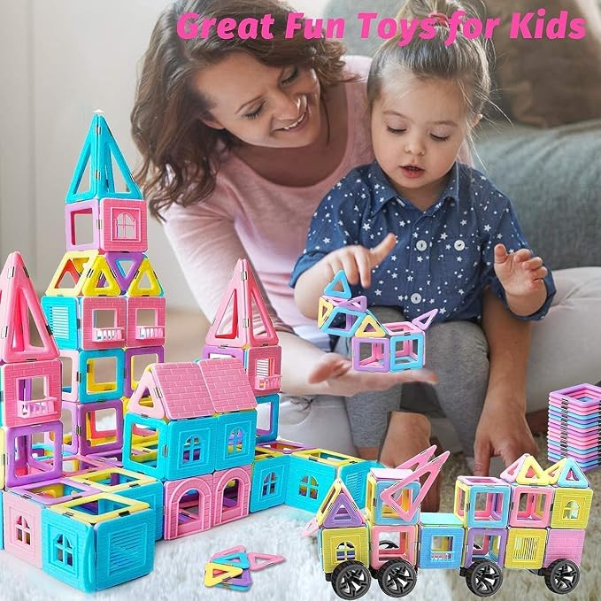 124PCS Magnetic Tiles Toys for 3 4 5 6 7 8+Year Old Boys Girls Upgrade Macaron Castle Blocks Building Set for Toddlers STEM Creativity/Educational Toys for Kids Valentines Day Christmas Birthday Gifts