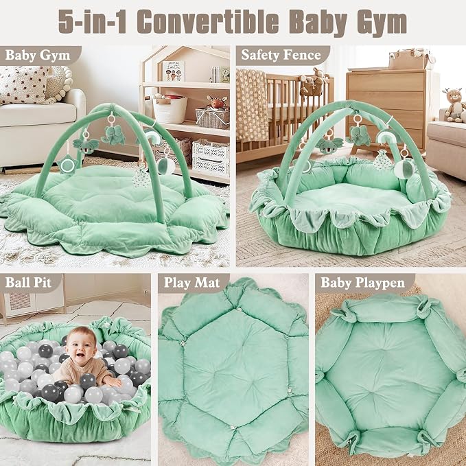 5-in-1 Plush Baby Play Gym, Activity Mat with Convertible Gym, Baby Gym 6 Sensory Toys, Play Center for Newborn to Toddler, Light Green