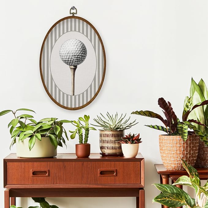 WULQYING Golf Ball Sports Nursery Wall Art Decor, Boys Room Oval Framed Canvas Art Prints, Neutral Striped Sport Lover Gift Wall Hanging Decor for Kids Nursery Room Playroom, 8.5x11.3 Inches