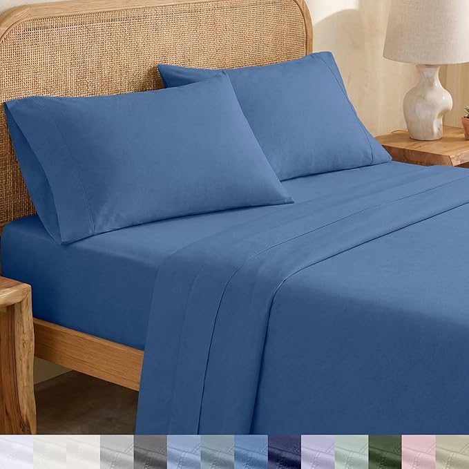 California Design Den Soft 100% Organic Cotton Sheets Queen Size Bed Set - Crisp and Cool Percale, Deep Pocket Organic Sheets with Anti-Skid Elastic, Breathable and Durable Bedding Set - Riviera Blue