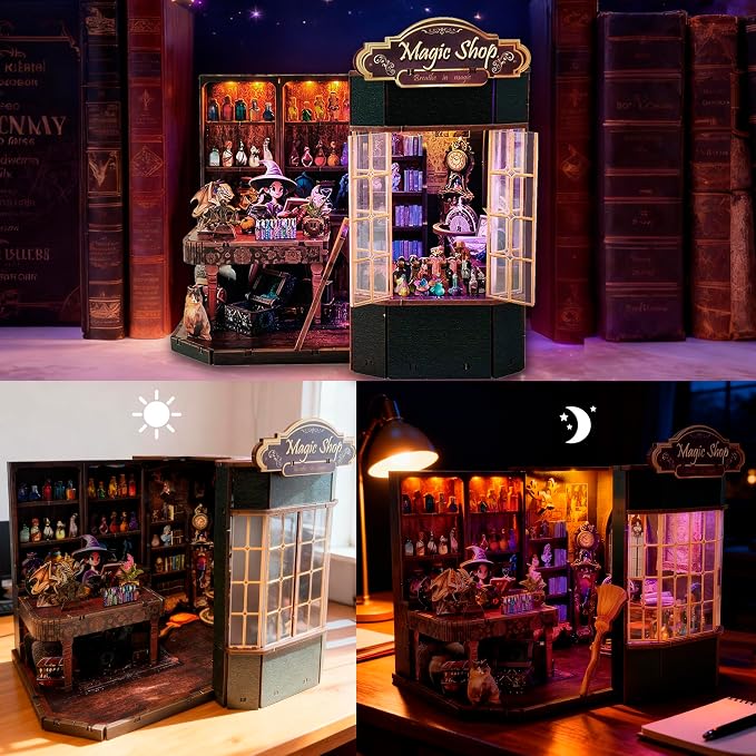 Magic Shop Book Nook Kit - DIY Miniature House Dollhouse Kit for Adult and Teens, Tiny House Bookshelf Decor 3D Wooden Puzzle with LED Lighting, Gifts for Family, Friends (Magic Shop)