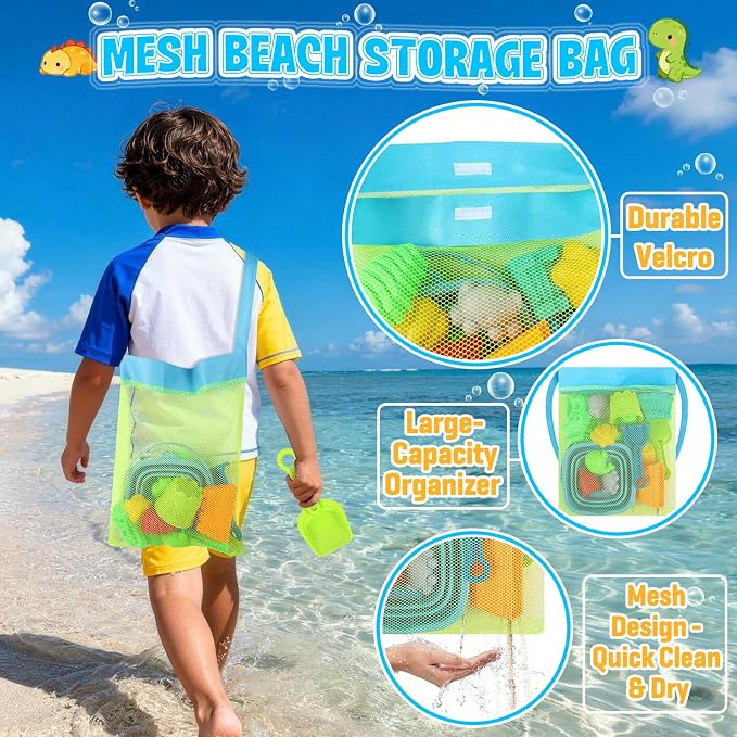 ERHAlCAT Beach Sand Toys, Dinosaur Fossil Molds, Sandbox Toys with Collapsible Bucket, Sand Castle Building Kit, Shovel, Rake and Mesh Bag, Outdoor Summer Travel Toys for Kids Ages 3-12