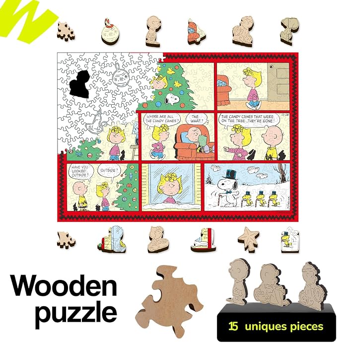 Peanuts Puzzles for Adults – Christmas Comic Charlie Brown Wooden Puzzles, 300 Pieces Snoopy Collection Jigsaw Puzzle, for Kids, 5MM Thick, Officially Licensed Merchandise, 15" x 10.5"