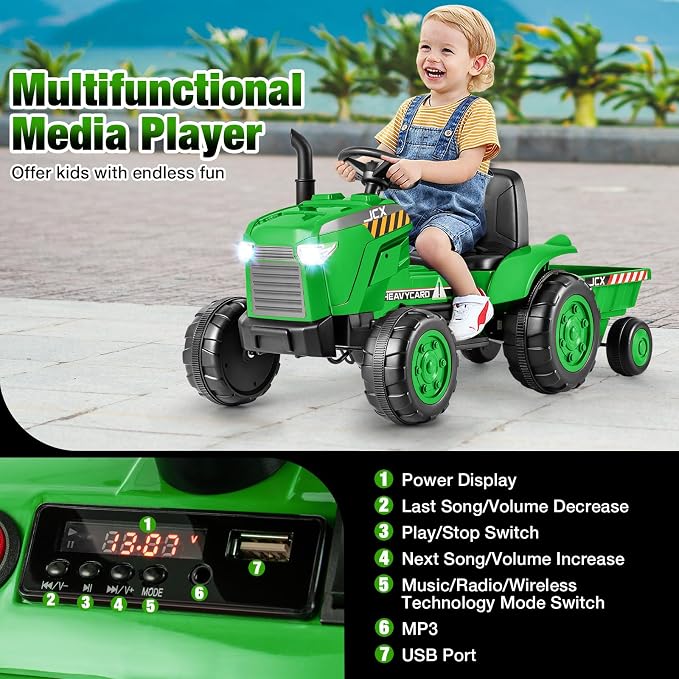 Costzon 2-in-1 Ride on Tractor, 12V Kids Ride on Car w/Detachable Trailer, Remote Control, Wireless Connection, Horn, Music/Lights/Spring Suspensions, Tractor Toys for Kids (Plastic Tires, Green)