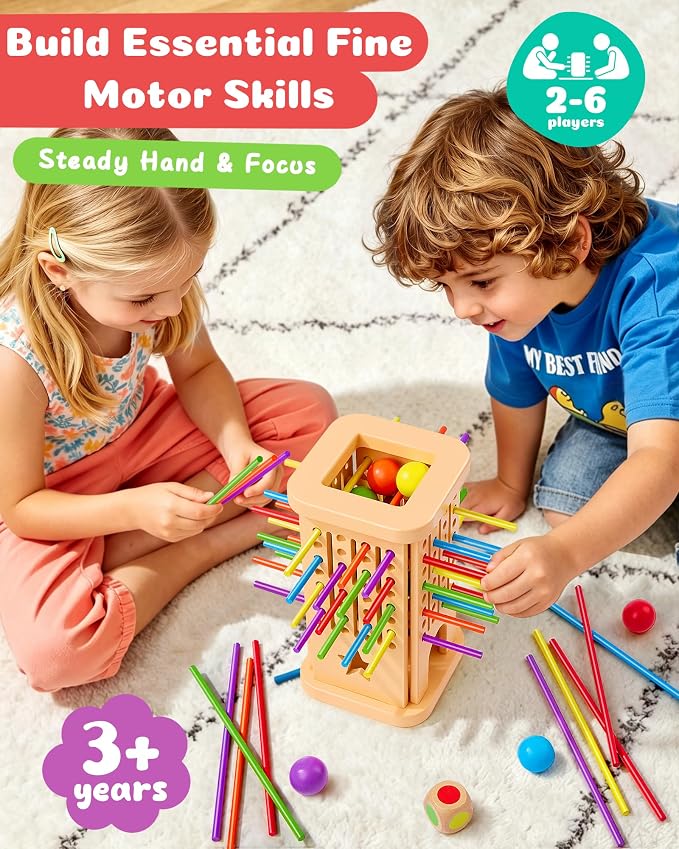Montessori Wooden Board Games for Kids Ages 4-8, 36 Wooden Sticks Game, Color Matching Board Games for Kids 4-6, Fine Motor Skills Toy Montessori Toys for 3 4 5 6 Year Olds, Gift Boys Girls Family