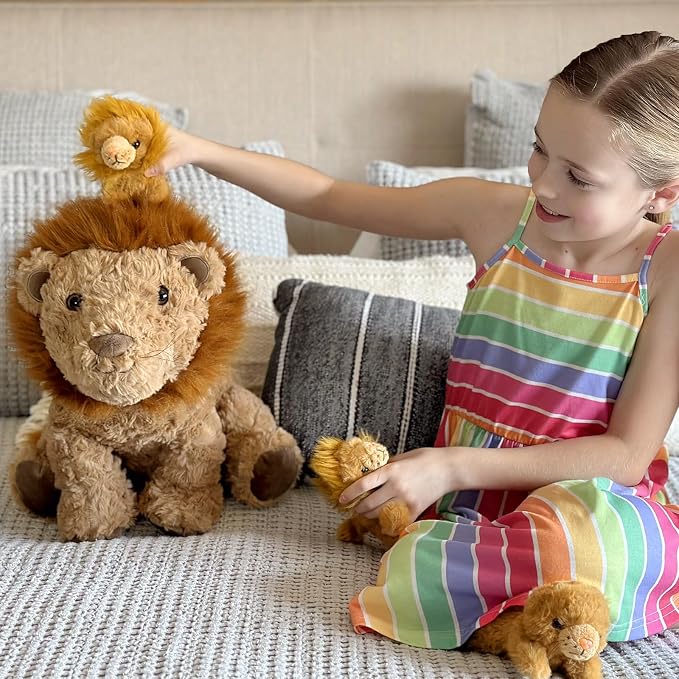 Lion Plush Toy, 17.7" Mother Lion Stuffed Animal with 3 Cute Baby Lions, 4Pcs Wild Animal Stuffed Toy for Kids Boys Girls, Safari Animal Plushies Gift for Christmas Birthday, Brown