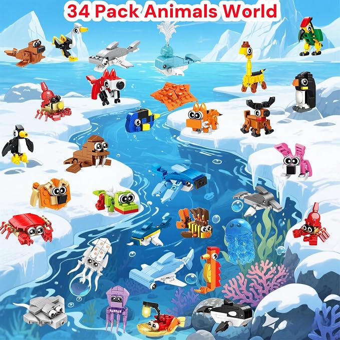 34 Packs Party Favors for Kids, Ocean Animal Building Blocks for Goodie Bags Stuffers Classroom Prizes, Valentines Day Birthday Gifts for Boys Girls Ages 6+
