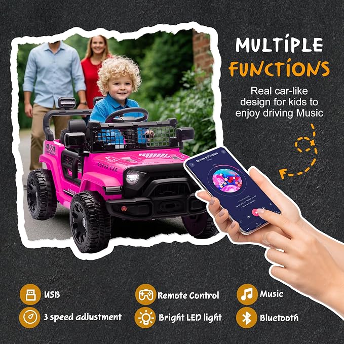 24V Ride On Jeep Car, Toddler Ride On Toys w/Parents Remote Control, One Seat Electric Car for Kids 2-4 with 4-Wheel Suspension, Bluetooth, Music, 1.86-3.11MPH Adjustable Speed, Pink