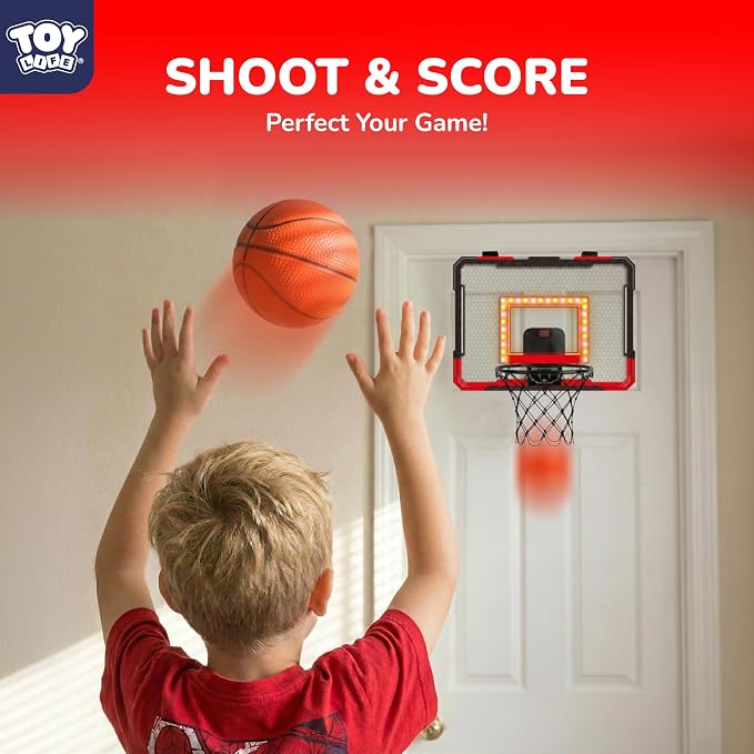 TOY Life LED Indoor Basketball Hoop for Kids, Over The Door Basketball Hoop Indoor Wall Mount with LED Scoreboard 4 Balls&Inflator, Basketball Game Toy for 3-9 Year Old