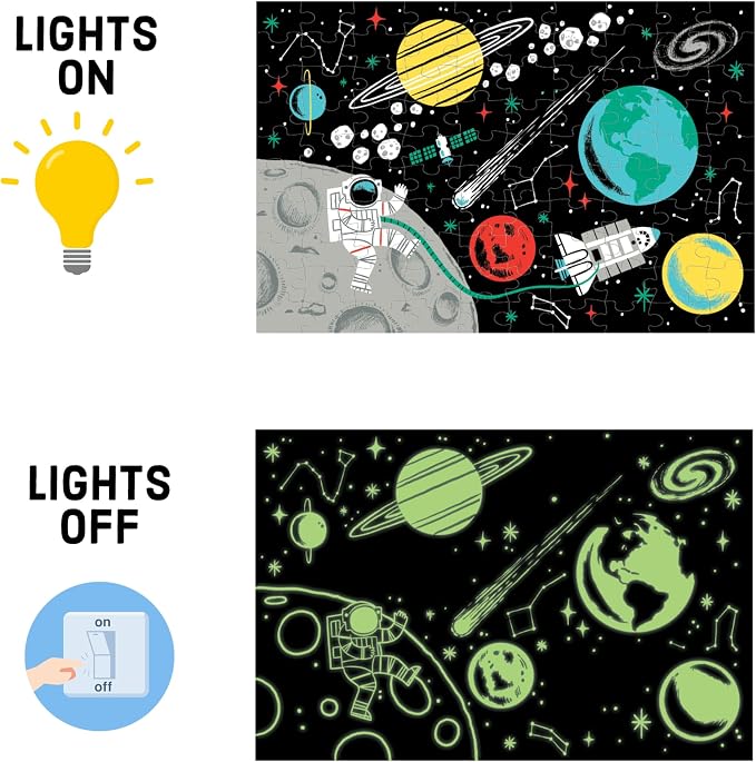 Mudpuppy Outer Space – 100 Piece Glow in The Dark Jigsaw Puzzle with a Fun Scene of Planets and Stars and Hidden Details in The Dark