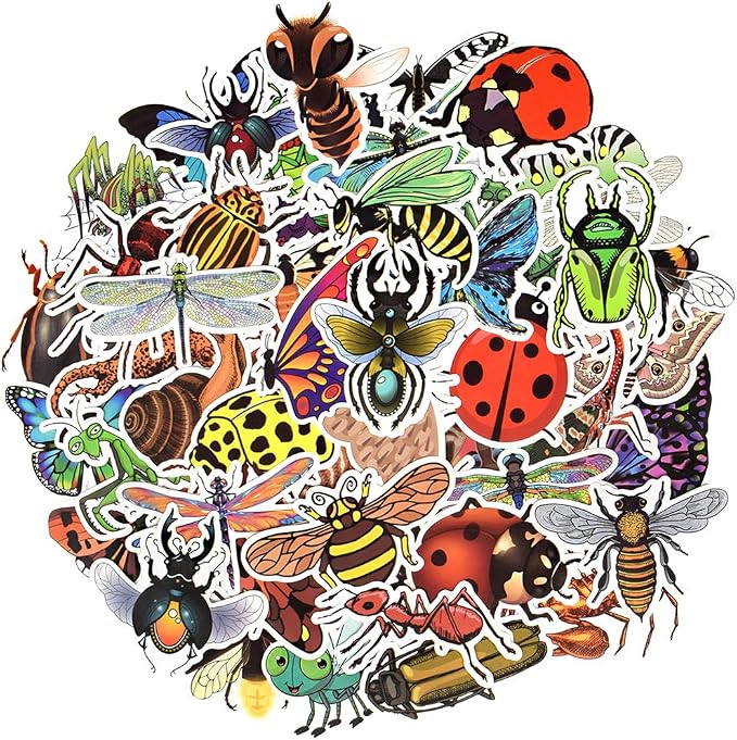 QTL Bug Stickers for Kids, Insect Party Favors, Waterproof Vinyl Stickers for Water Bottle and Laptop, 50PCS
