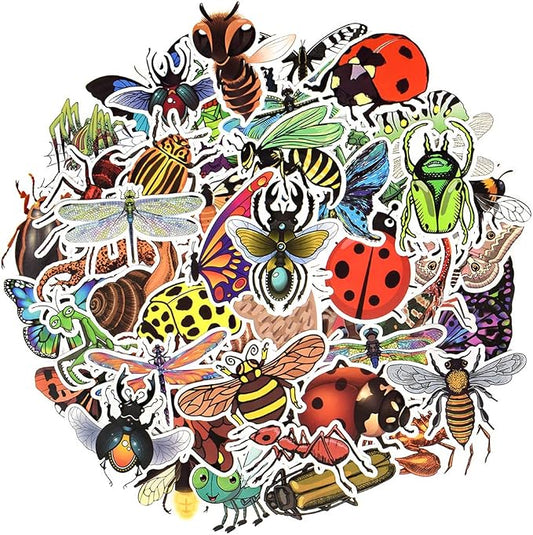 QTL Bug Stickers for Kids, Insect Party Favors, Waterproof Vinyl Stickers for Water Bottle and Laptop, 50PCS