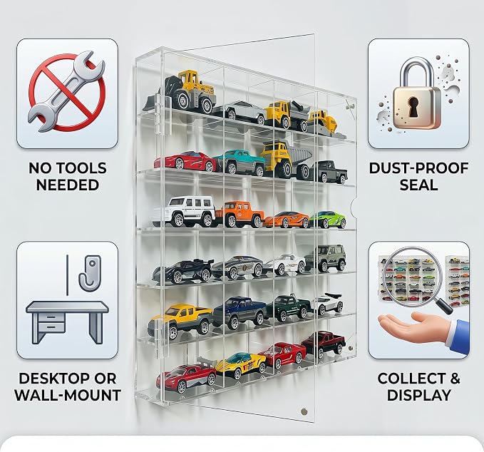 2 Pack Display Case for Hot Wheels - Acrylic Showcase & Storage Organizer - No Assembly Required for NASCAR Matchbox, Collectible Cars & Model Vehicles