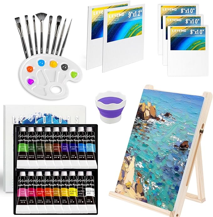 LEYEMO Acrylic Paint Set for Kids, Art Supplies Painting Kit with18 Acrylic Paints, 5 Canvas, 8 Paint Brushes, Easel, Palette, Paint Set for Adults & Artist