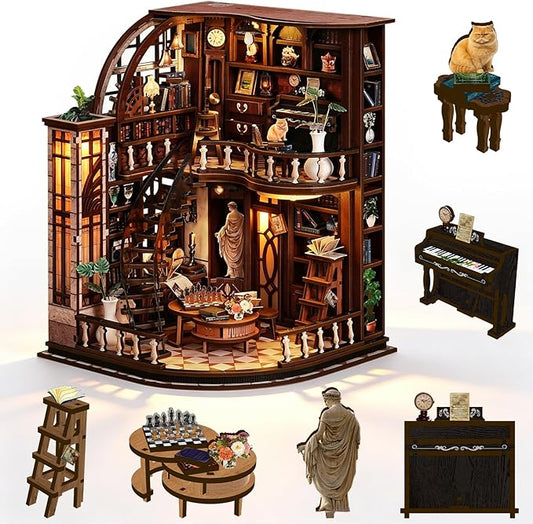 DIY Miniature House Kit, 3D Wooden Puzzle for Adults, Book Nook Kit with Touch LED Light, Library Bookshelf Insert, Creative Hobby Craft Gift for Bibliophiles (Bacchus Bookstore)