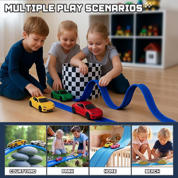 15.75 Ft Flex Track for Kids, Flexible Race Track Compatible with Hot Wheels and Diecast 1/64th Cars, Roll-Up Portable Race Car Ramp Track with Suction Cups & Track Anchors & 4 Race Cars, Blue
