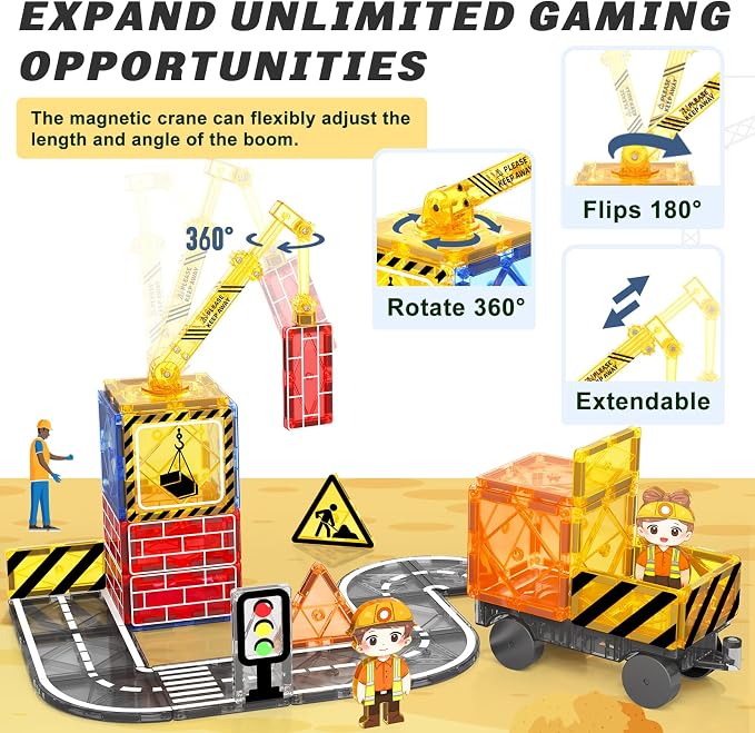 Coodoo Kids Games Magnetic Tiles Road Set with Extendable Magnetic Crane, City Construction Building Toys for Toddlers STEM Preschool Ages 4-6 5-7, Gifts for 3+ Year Old Boys Girls Kids Toys with Car