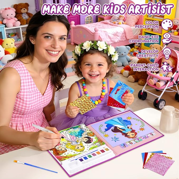 CHICAUP Paint with Water Coloring Books & Shimmer Art Kit for Kids, Princess Themed Arts and Crafts Set with Watercolor Painting Kit, Travel Art Supplies for Girls Ages 4-8 Birthday Christmas Gift