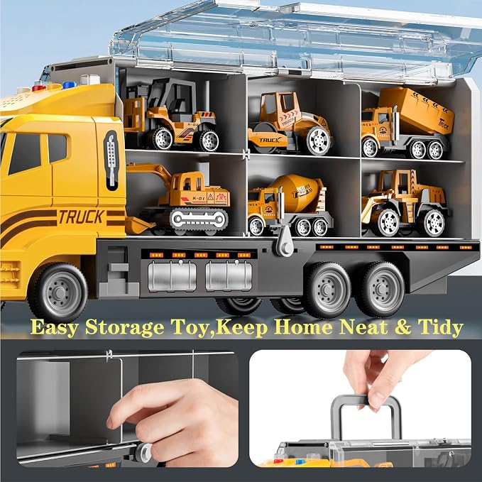 3-5 Year Old Boys Construction Truck Toy Set,6 Die-Cast Mini Toy Cars with Play Mat, Light & Sound Features, Easy Storage,Indoor & Outdoor Play Toys, Birthday Gifts for Boys Girls Kids Ages 3‑8