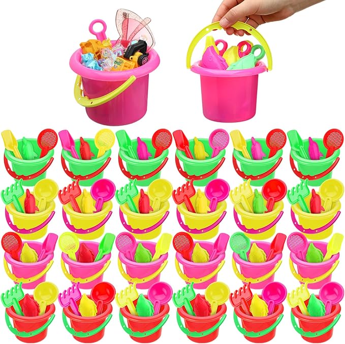 Jexine 96pcs Colorful Beach Party Favors for Kid 24 Set 3.94" Sand Buckets and Shovels for Bucket Party Favor Sand Box Play Set and Mini Beach Pail Includes Shovel, Rake, Scoop Summer Outdoor Toys
