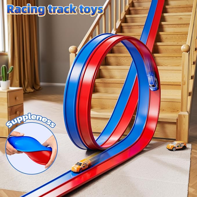 15 Ft Flexible Race Track Set for Kids 3 4 5 6 7 8 Years Old, Race Car Ramp Track with 2 Small Cars, Portable Car Track for Toddlers 3-8, Birthday Gifts for Boys Girls Ages 3+