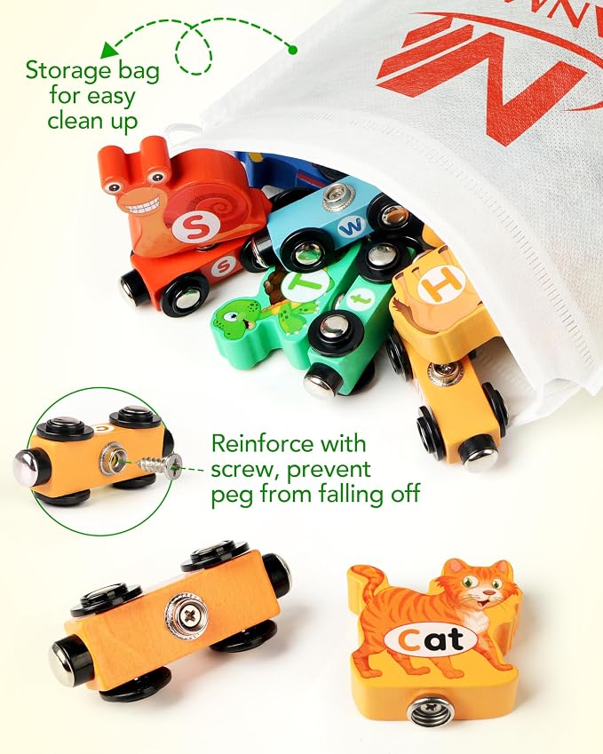 Vanmor Wooden Alphabet Train Set for Toddlers 3-5, Magnetic Animal ABC Train with Uppercase & Lowercase Letter Matching, Montessori Phonics Learning Toy for Preschool & Kindergarten Boys Girls