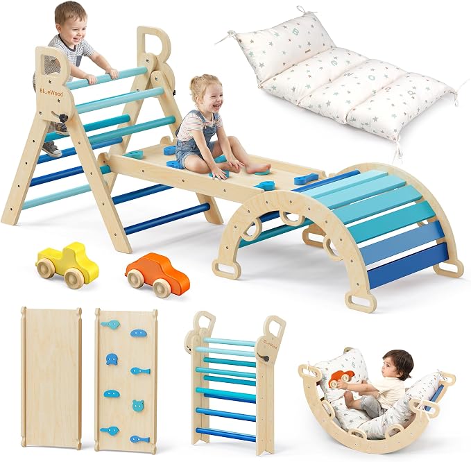 BlueWood Pikler Triangle Set with Cushion - Climbing Toys for Toddlers 9-in-1, Montessori Philosophy Play Jungle Gym with Arch, Ramp, Ladder (Blue)