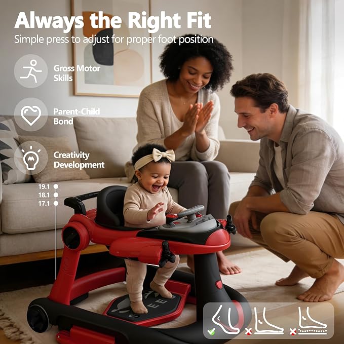 Kinder King 8-in-1 Baby Walker with Music & Lights, 3 Level Adjustable Height, Foldable Toddler Walker with Speed Adjustable Wheels, Easy to Clean, Baby Walkers for Boys & Girls 6-18 Months