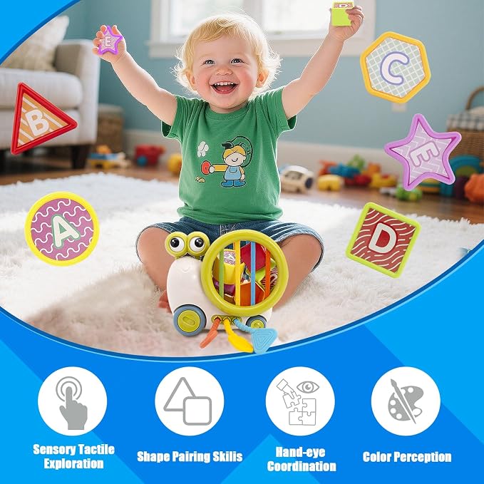 BYFWH Shape Sorter for Toddler 1-3, Montessori Baby Sorting Blocks, Sensory Toddler Learning Toy for Fine Motor Skills, Infant Developmental Snail Push-to-go Car Toys for Boys Girls Ages 18+ Months