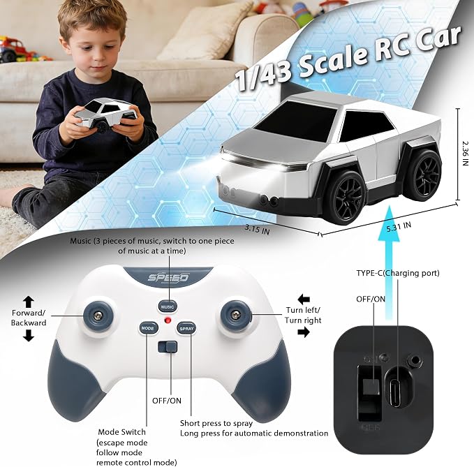 Remote Control Car Cyber-Inspired Rc Cars Toys with Drift Spray Lights Sound Automatic Follow 2.4GHz Rc Truck Toys for 3+ Boys Pet