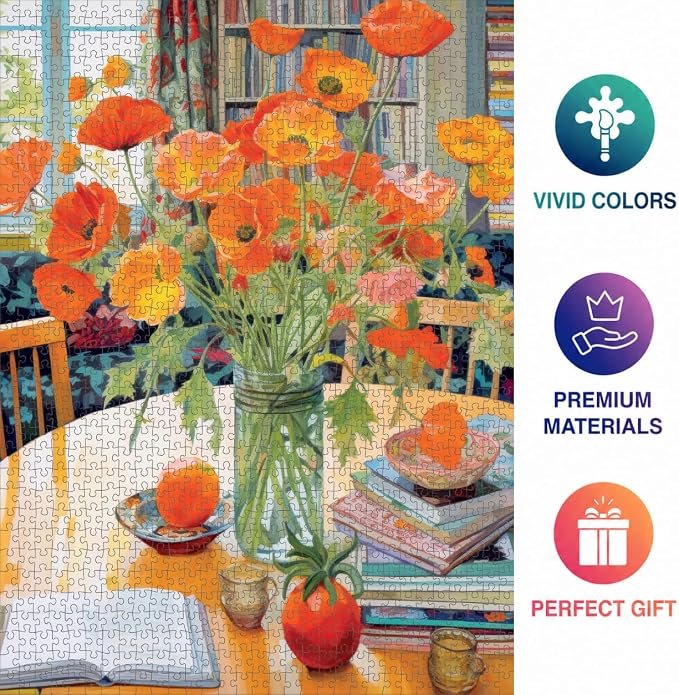Cross & Glory - Poppies Panorama: Orange Elegance - Jigsaw Puzzles 1000 Pieces for Adults | Floral Puzzle | Vibrant Art | Satin Finish Flower Puzzles for Adults 1000 Pieces | 20 x 27 Inches