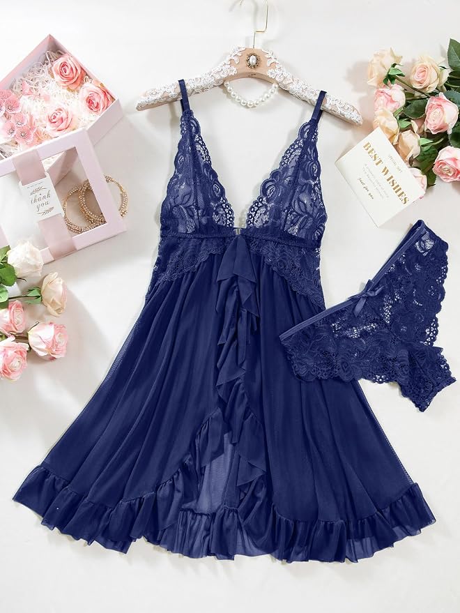 Foxiny Sexy Open Front V Neck Ruffle Sheer Mesh Lace Wireless Babydoll Lingerie Dress with Thong 2 Piece