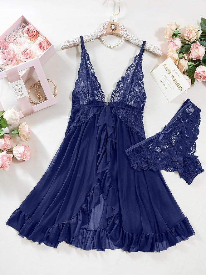Foxiny Sexy Open Front V Neck Ruffle Sheer Mesh Lace Wireless Babydoll Lingerie Dress with Thong 2 Piece