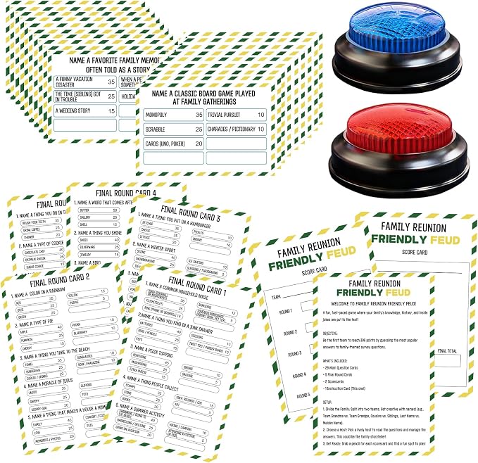 Family Friendly Feud Card Game with 2 Answer Buzzers,Family Reunion Game Night Fun Trivia Quiz for Holiday Gathering Party Office Class Groups Team Building