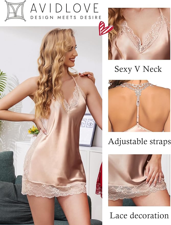 Avidlove Women Lingerie Satin Lace Chemise Nightgown Sexy Full Slips Sleepwear S-4XL