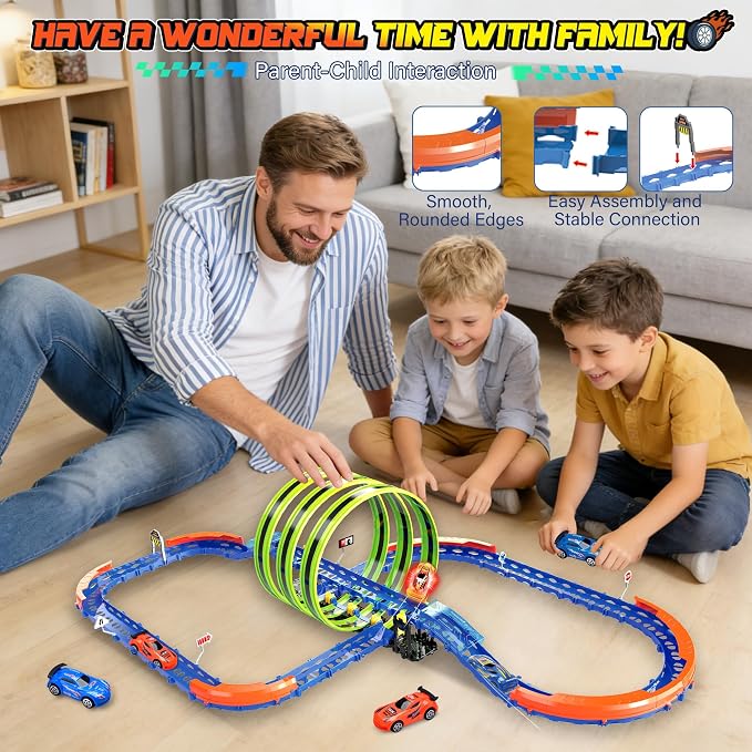 Glow Toy Car Race Track Set, 71 Pcs Glow-in-The-Dark Tracks for Kids Ages 3-8, Electric Speed Car Light-Up Whole Slot Track, Track-Building with 360° Magic 3 Loops, 1:64 Scale Vehicle, Boys Girls Gift