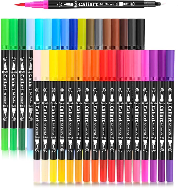 Caliart 34 Double Tip Brush Pens Art Markers, Artist Fine & Brush Markers for Adult Coloring Books Journaling Calligraphy Lettering Planners Cards Drawing Craft Kit Teacher Office Supplies